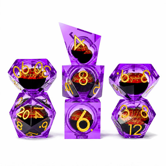 Amethyst Flame Dragon Eye 7-piece violet liquid core DND dice set with red dragon eyes and gold numbers on white background.