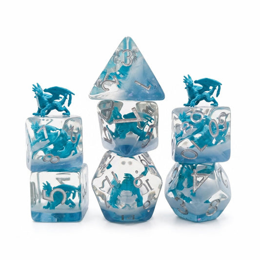 Azure Dragonling 7-piece clear resin embedded DND dice set with blue dragon figures on white background.