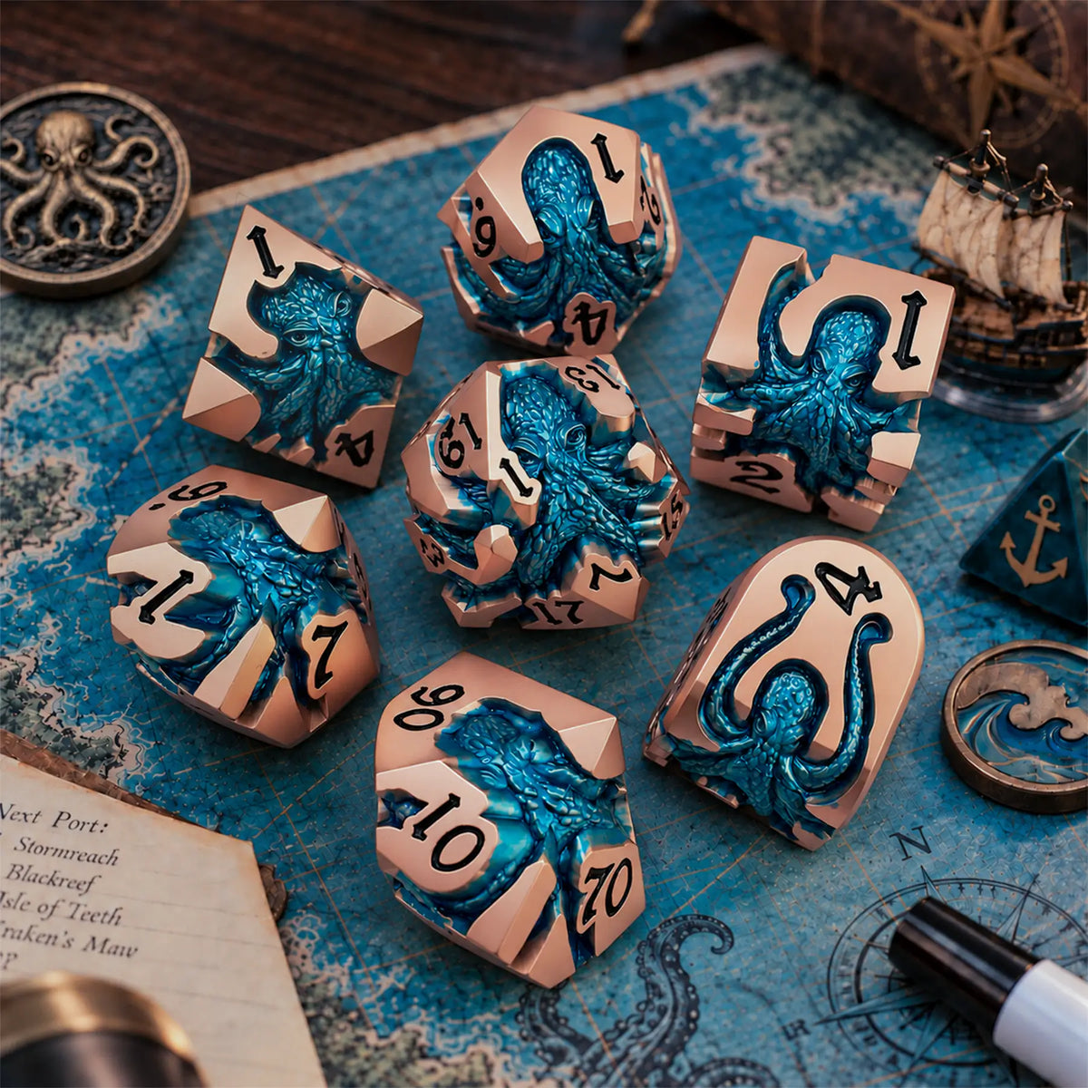 Dawnthaw Kraken 7-piece rose gold dice set with blue kraken designs in a nautical adventure game scene.