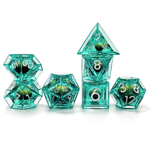 Emerald Dragon Eye 7-piece green liquid core DND dice set with green dragon eyes and silver numbers on white background.