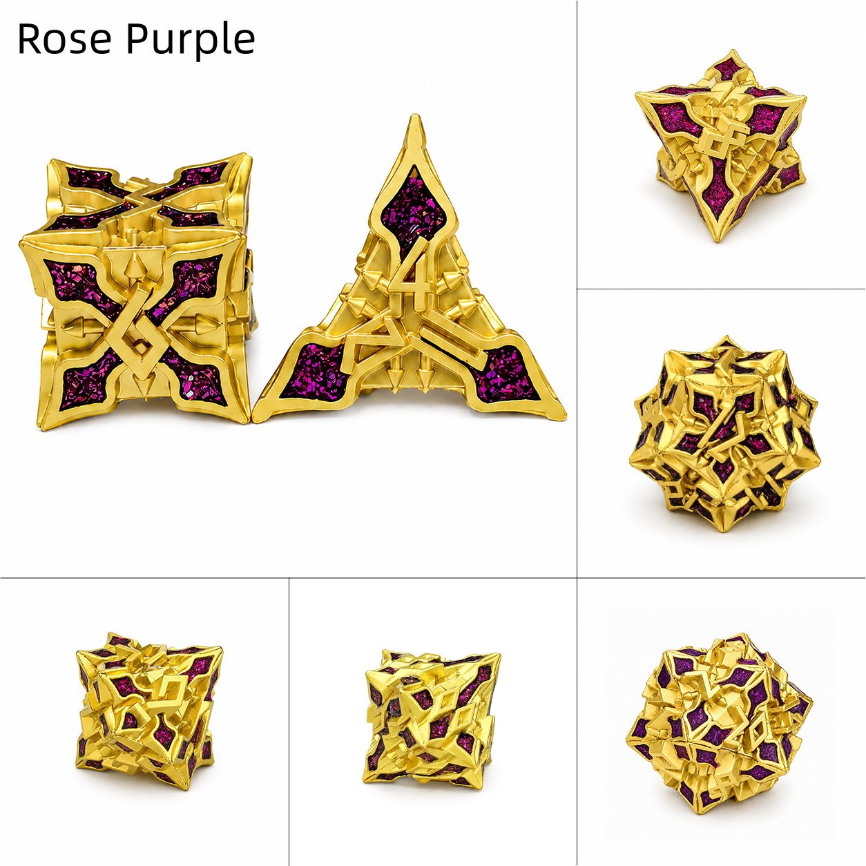 Golden Knight Series Rose Purple 7-piece gold-toned metal DND dice set with rose purple glitter inlays on white background.