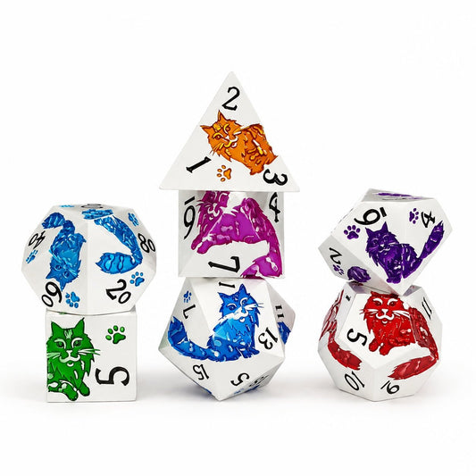 Moonwhisker 7-piece silver-white metal DND dice set with colorful cat motifs on white background.