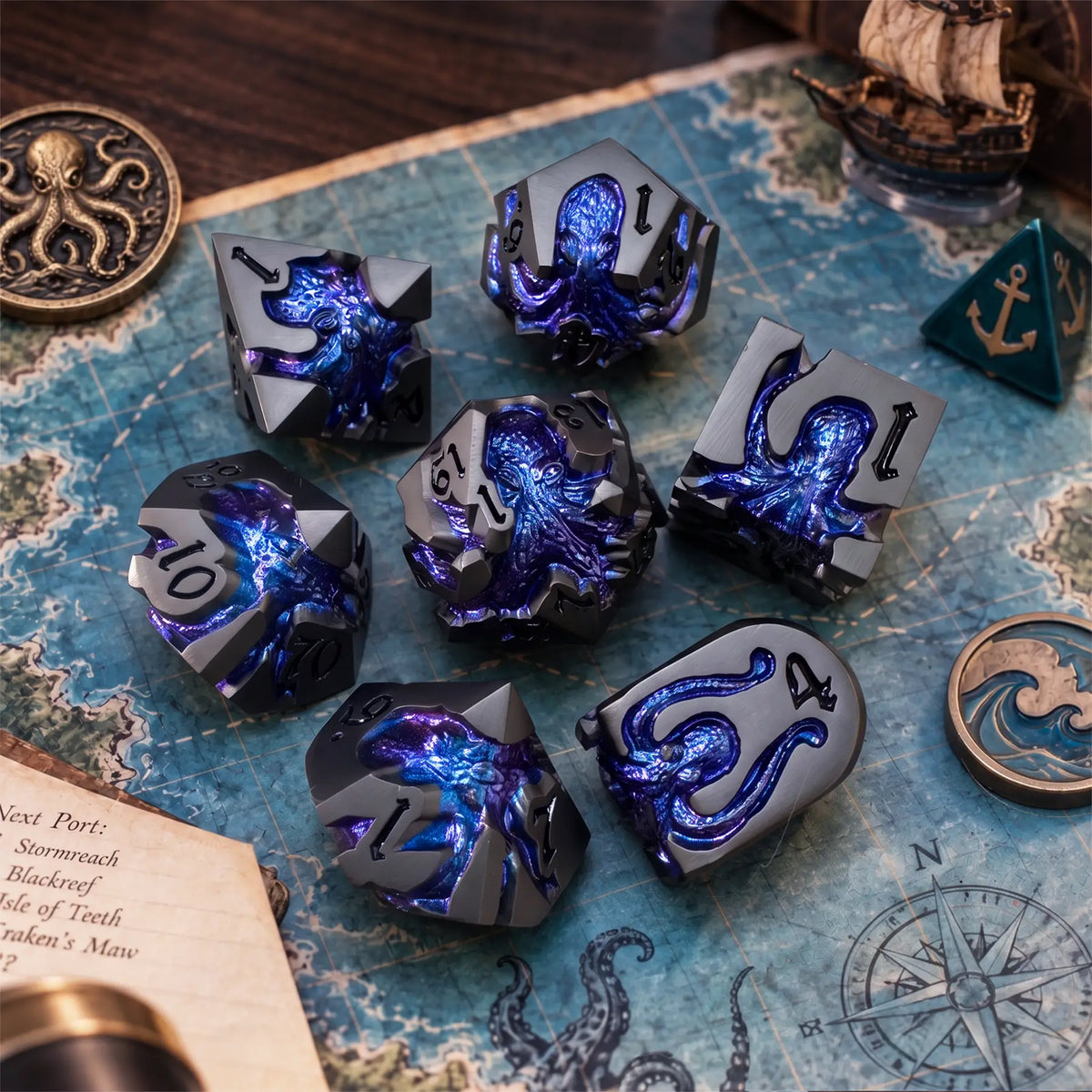 Nightfall Kraken 7-piece gunmetal dice set with blue-purple chameleon pigment kraken designs in a nautical adventure game scene.