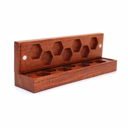 Rectangular Brown Wooden DND Dice Box shown closed with a slim wooden storage design on white background.
