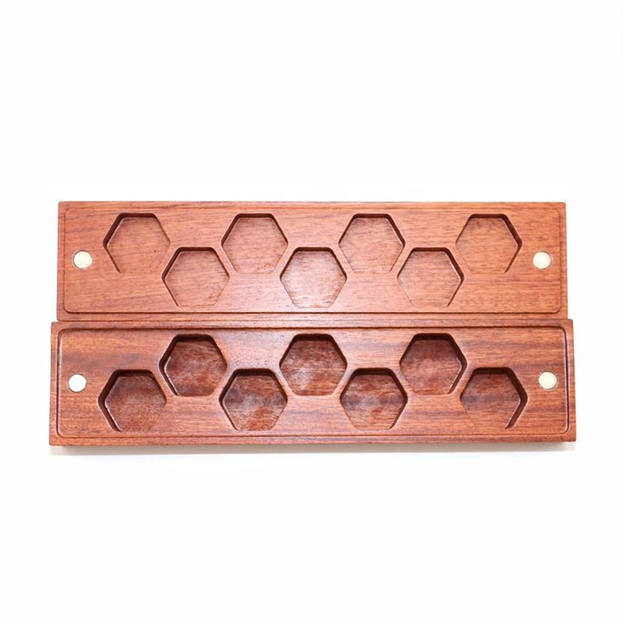 Rectangular Brown Wooden DND Dice Box top view showing individual hexagon-style slots on white background.