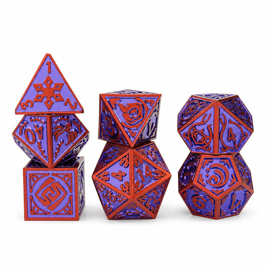 Starseer Oracle 7-piece purple metal DND dice set with red frame and ornate numbers on white background.