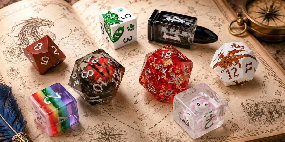 Fantasy guide-style blog cover showing colorful DND dice on an illustrated adventure book page.