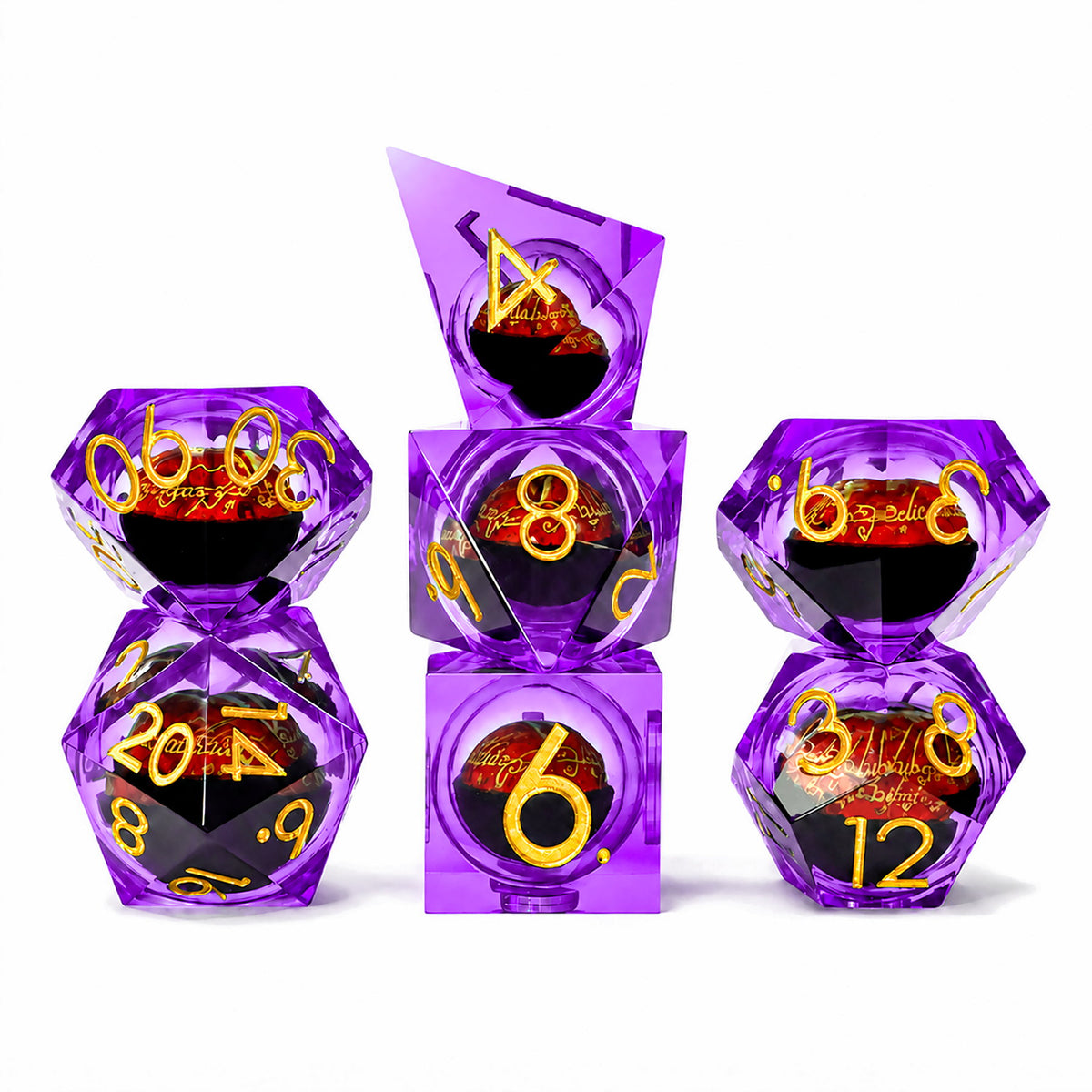 Amethyst Flame Dragon Eye 7-piece violet liquid core DND dice set with red dragon eyes and gold numbers on white background.