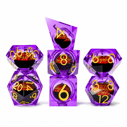 Amethyst Flame Dragon Eye 7-piece violet liquid core DND dice set with red dragon eyes and gold numbers on white background.