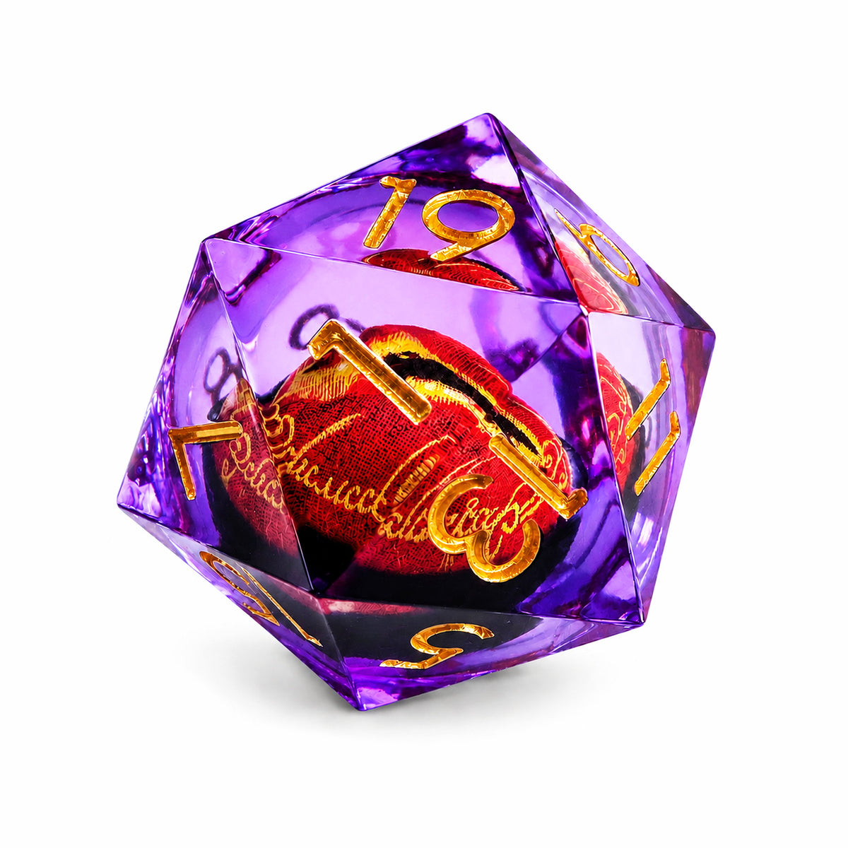 Amethyst Flame Dragon Eye single D20 violet liquid core DND die with red dragon eye and gold numbers on white background.