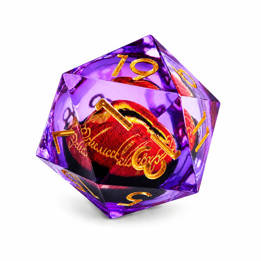 Amethyst Flame Dragon Eye single D20 violet liquid core DND die with red dragon eye and gold numbers on white background.
