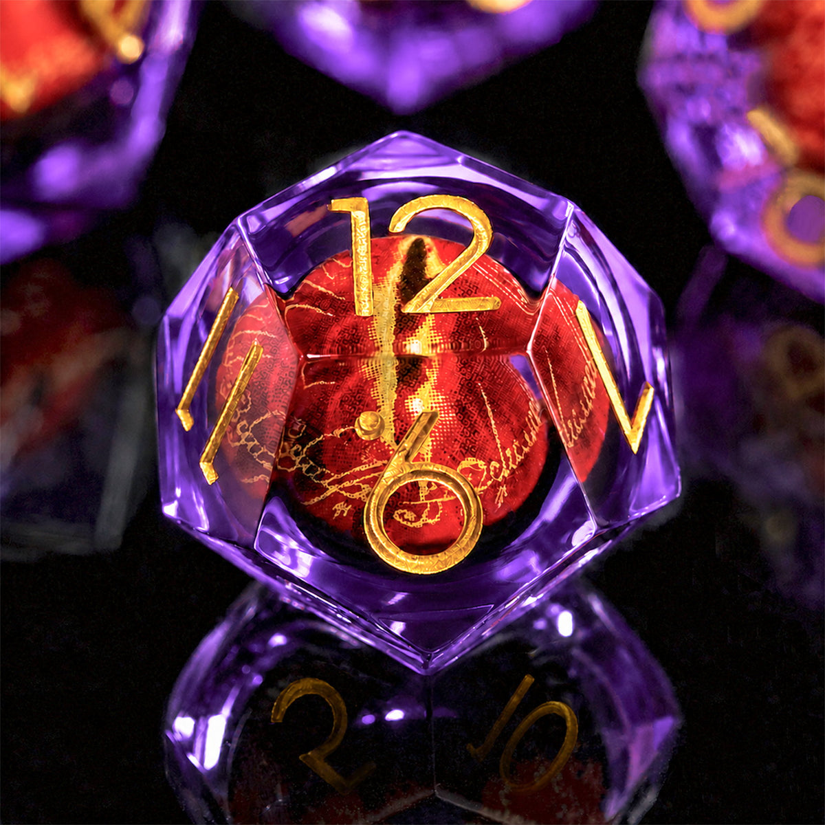 Amethyst Flame Dragon Eye close-up of a violet liquid core DND die with red dragon eye and gold numbers on a black reflective surface.