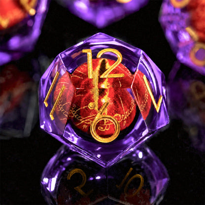 Amethyst Flame Dragon Eye close-up of a violet liquid core DND die with red dragon eye and gold numbers on a black reflective surface.