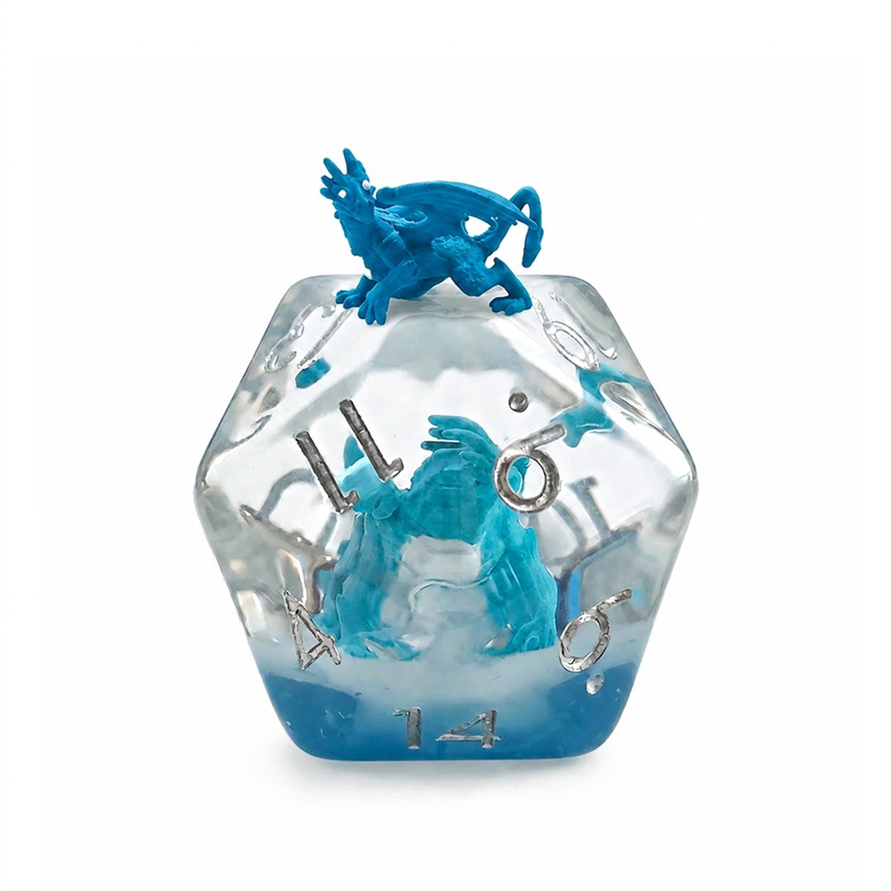 Azure Dragonling single D20 clear resin embedded DND die with blue dragon figure and silver numbers on white background.