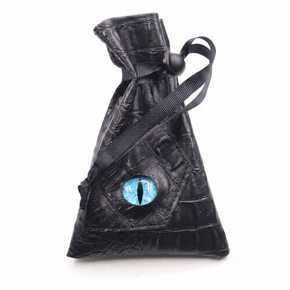 Azure Eye black textured drawstring DND dice bag with drawstring pulled tight and blue dragon eye on white background.