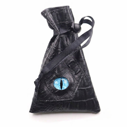 Azure Eye black textured drawstring DND dice bag with drawstring pulled tight and blue dragon eye on white background.