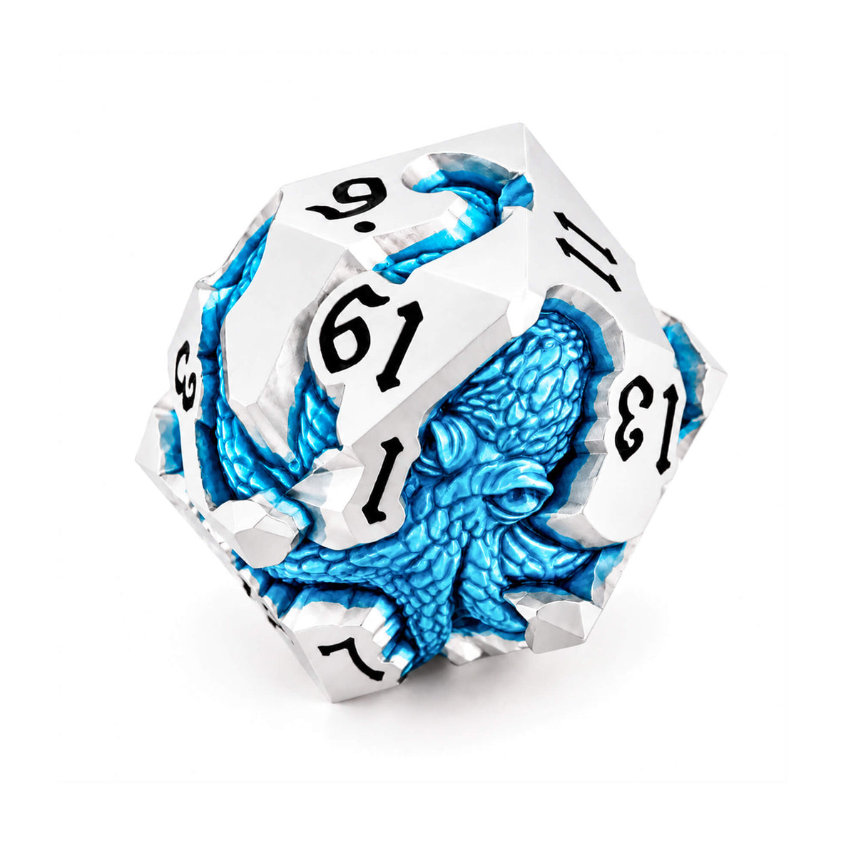 Cold Current Kraken silver-tone metal D20 with blue pearlescent kraken design and black numbers on a white background.