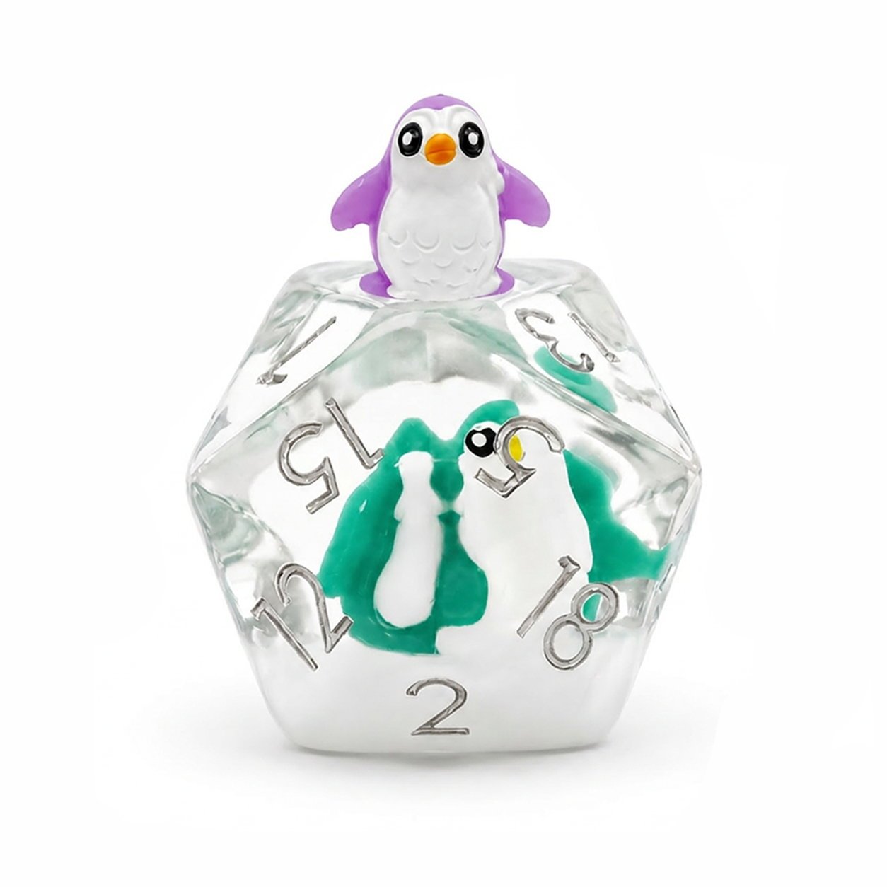 Colorful Penguin single D20 clear resin embedded DND die with penguin figure, white base, and silver numbers on white background.