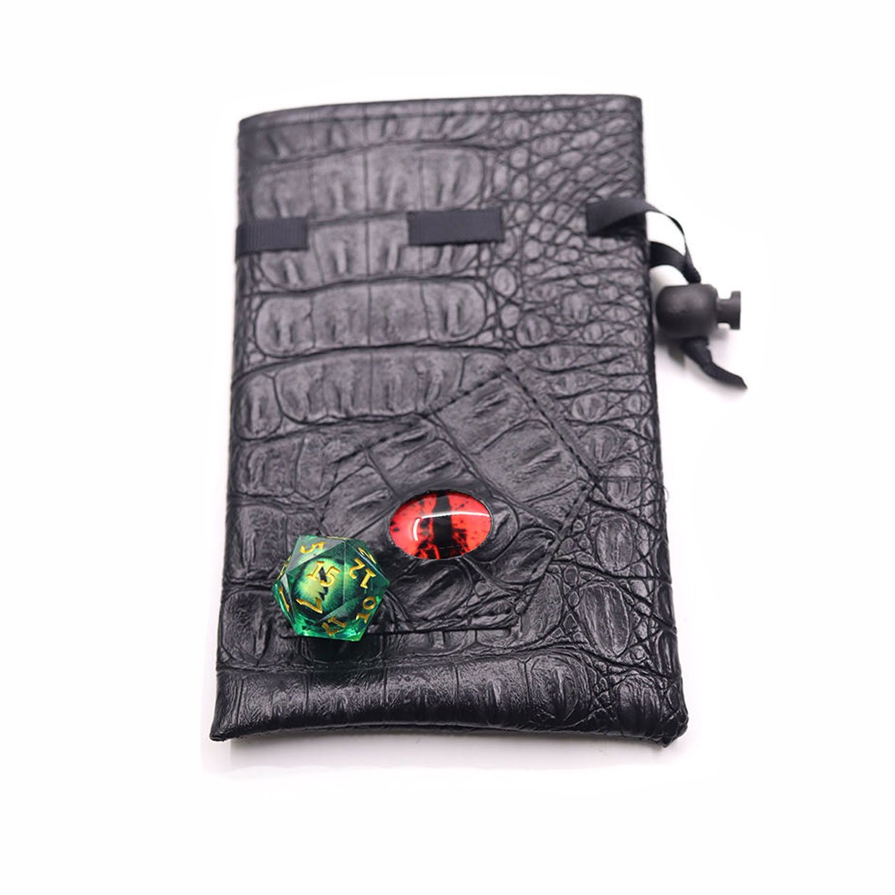 Crimson Eye black textured drawstring DND dice bag with red dragon eye and green D20 die on white background.