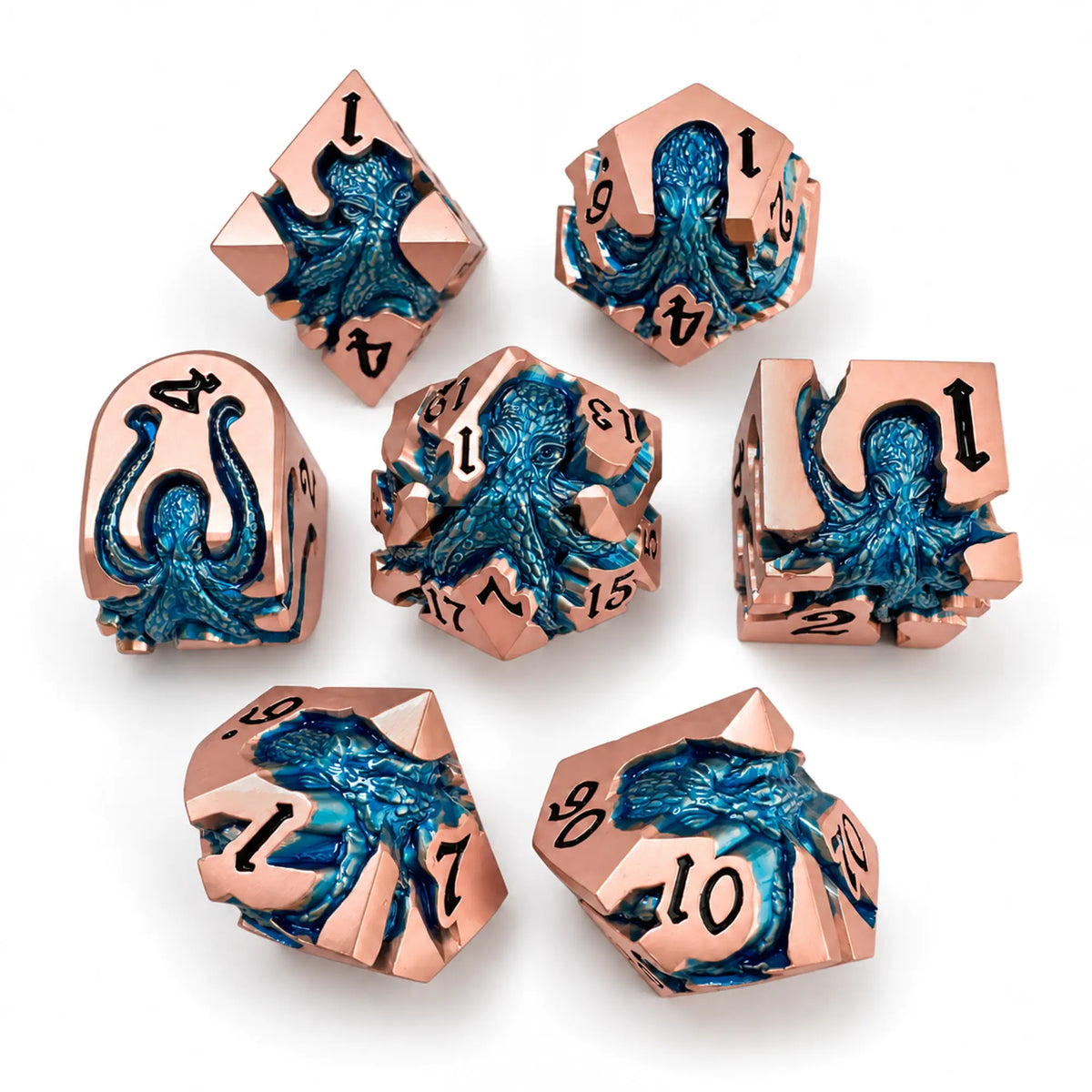 Dawnthaw Kraken 7-piece rose gold metal DND dice set with blue kraken designs on a white background.