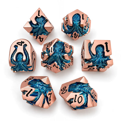 Dawnthaw Kraken 7-piece rose gold metal DND dice set with blue kraken designs on a white background.