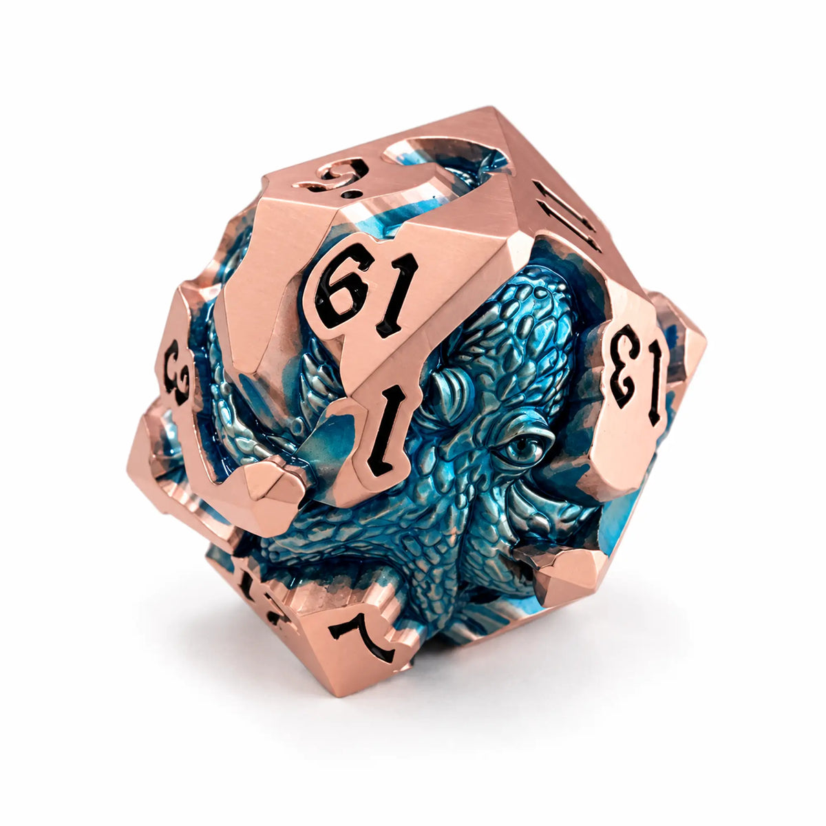 Dawnthaw Kraken rose gold metal D20 with a blue kraken design and black numbers on a white background.