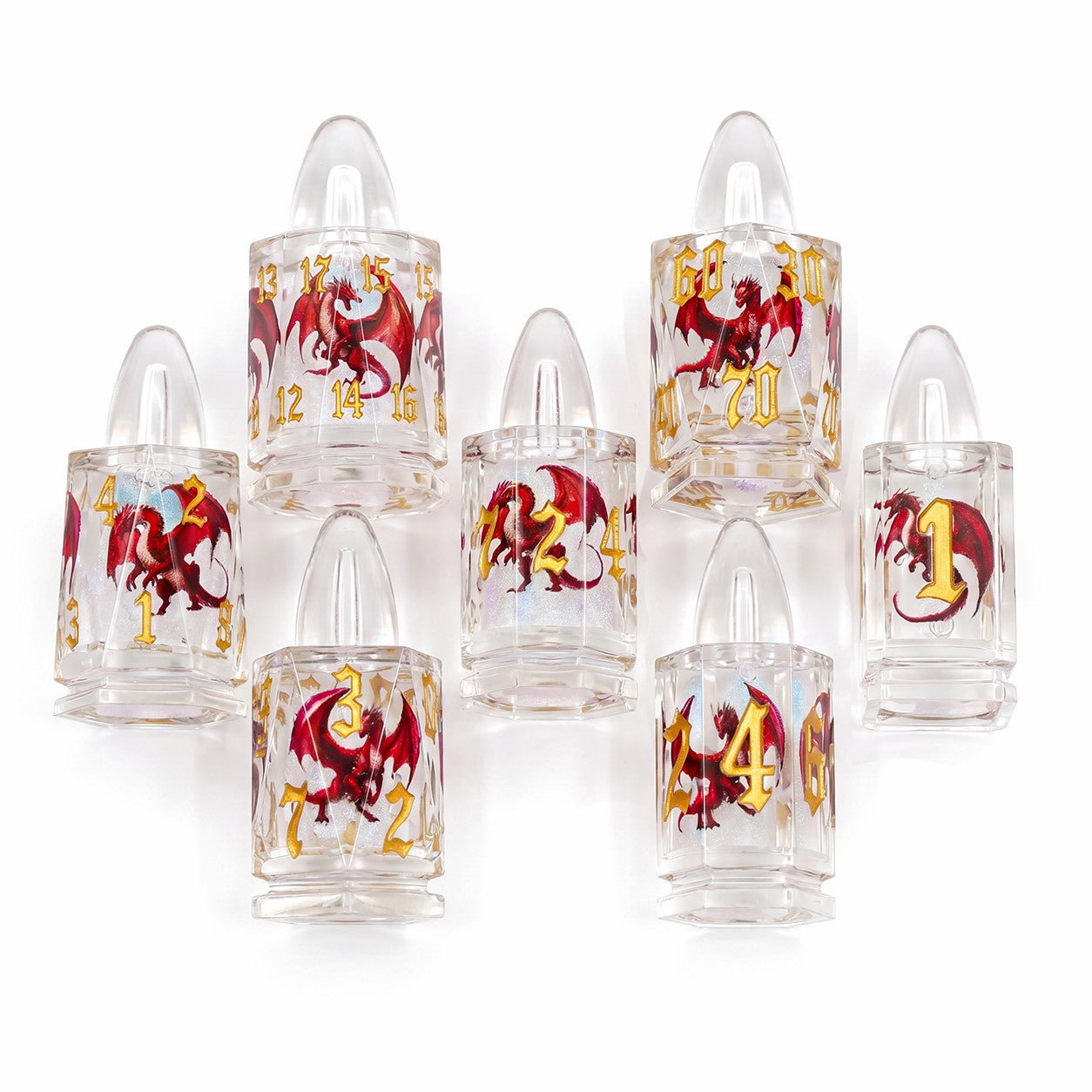Midnight Assassin 7-piece black bullet-shaped liquid core DND dice set with iridescent flakes and silver numbers on white background.