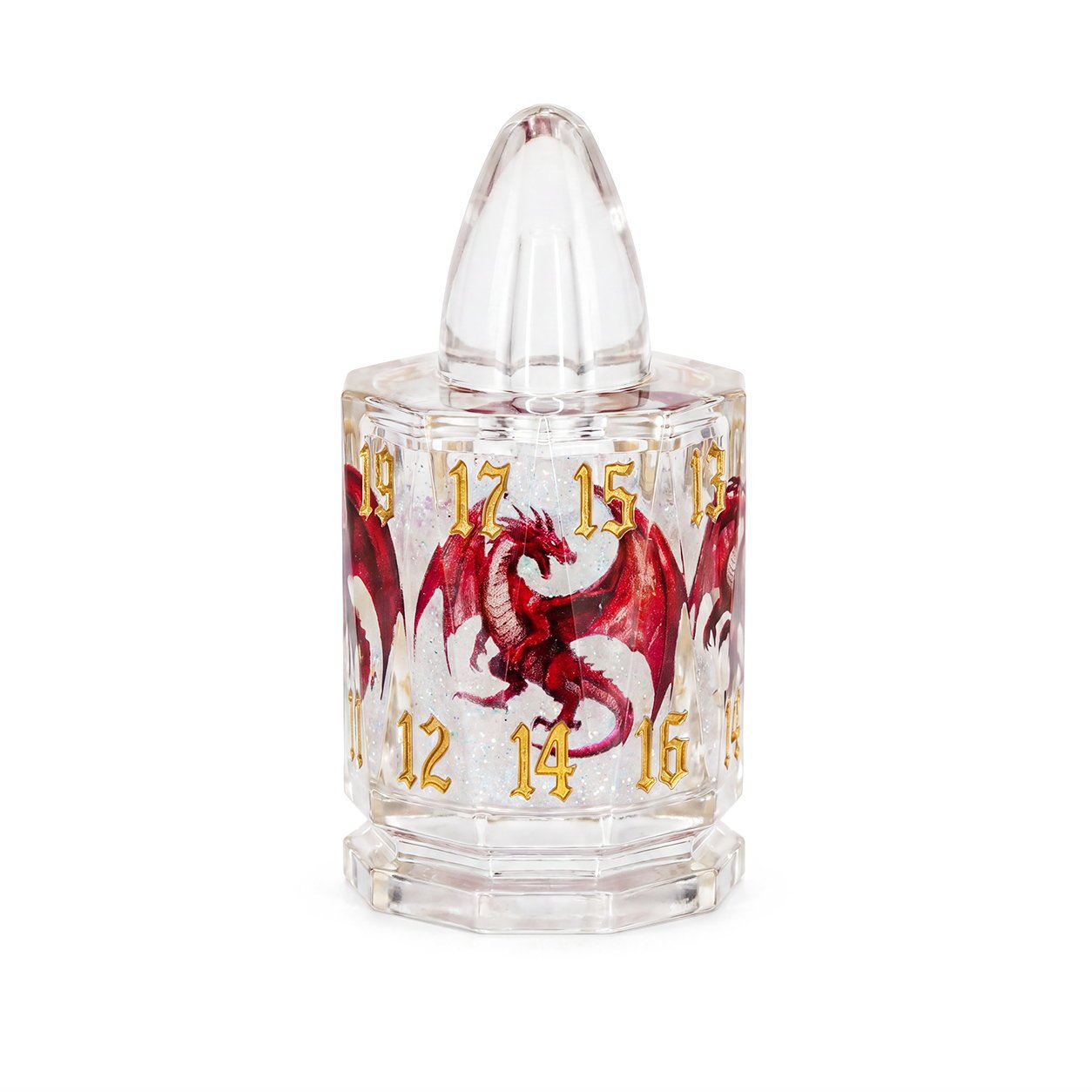Dragonshot single D20 bullet-shaped liquid core DND die with red dragon motif and gold numbers on white background.