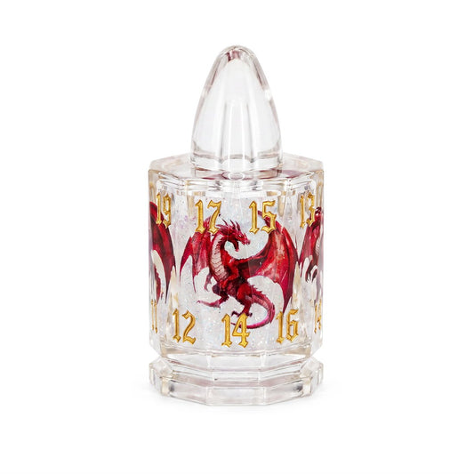 Dragonshot single D20 bullet-shaped liquid core DND die with red dragon motif and gold numbers on white background.
