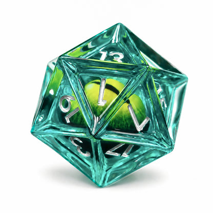 Emerald Dragon Eye single D20 green liquid core DND die with a green dragon eye and silver numbers on white background.