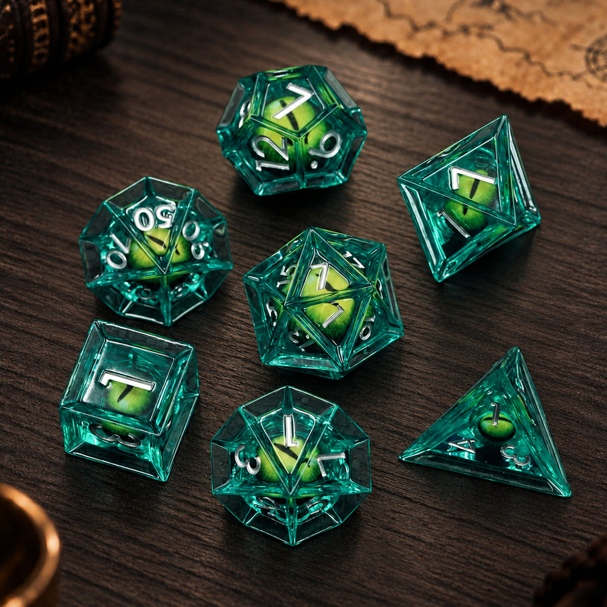 Emerald Dragon Eye 7-piece green liquid core DND dice set with green dragon eyes and silver numbers on a dark wood tabletop.