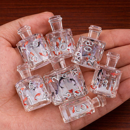 Fortune Koi 7-piece clear resin liquid core DND dice set with koi motifs held in hand.