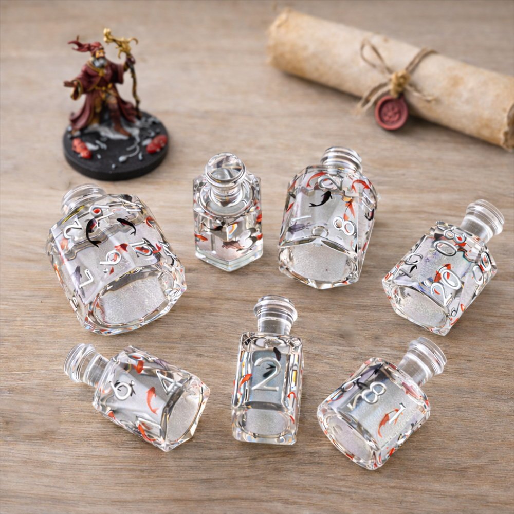 Fortune Koi 7-piece clear resin liquid core DND dice set with koi motifs in a tabletop scene with fantasy figurine and parchment.