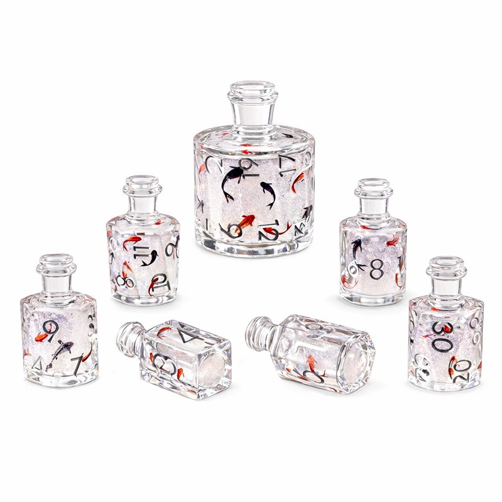Fortune Koi 7-piece clear resin liquid core DND dice set with koi motifs on white background.