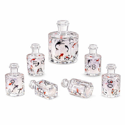 Fortune Koi 7-piece clear resin liquid core DND dice set with koi motifs on white background.