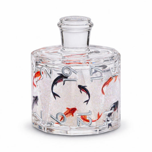 Fortune Koi single D20 clear resin liquid core DND die with koi motifs on white background.