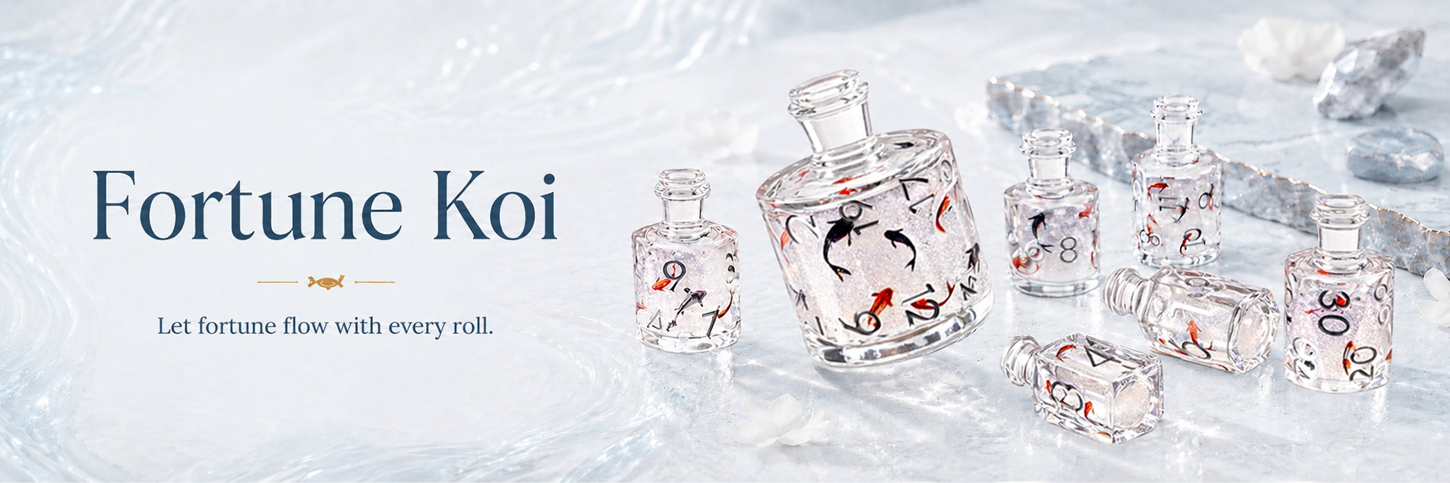 Fortune Koi liquid core DND dice set with koi fish in flowing water-light.