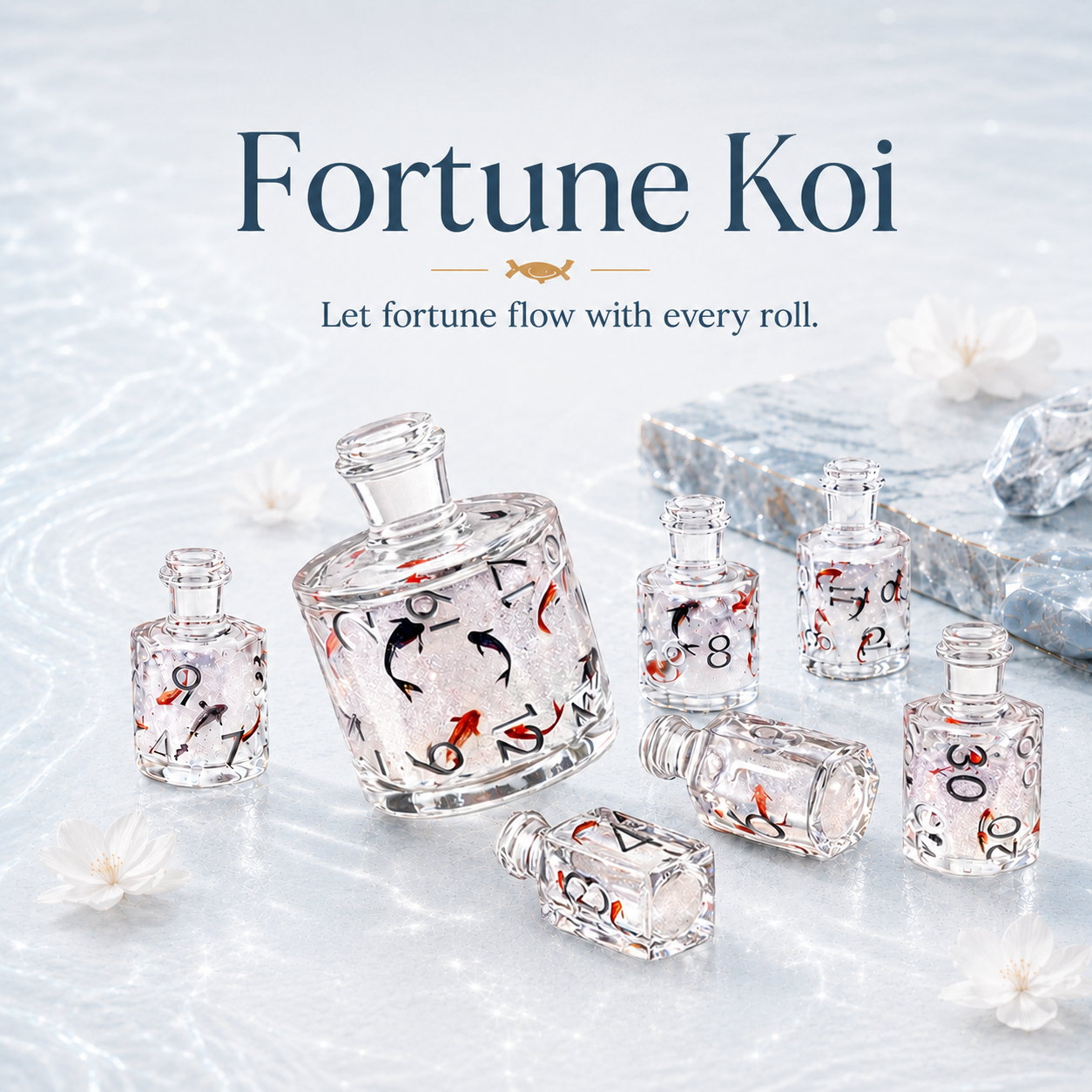 Fortune Koi liquid core DND dice mobile banner with clear bottle-shaped dice in a flowing water-light scene.