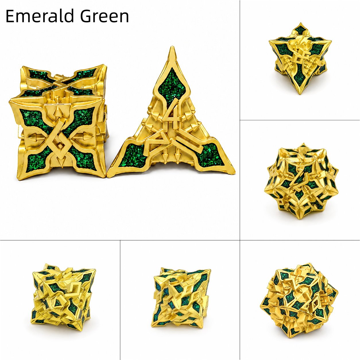Golden Knight Series Emerald Green 7-piece gold-toned metal DND dice set with green glitter inlays on white background.