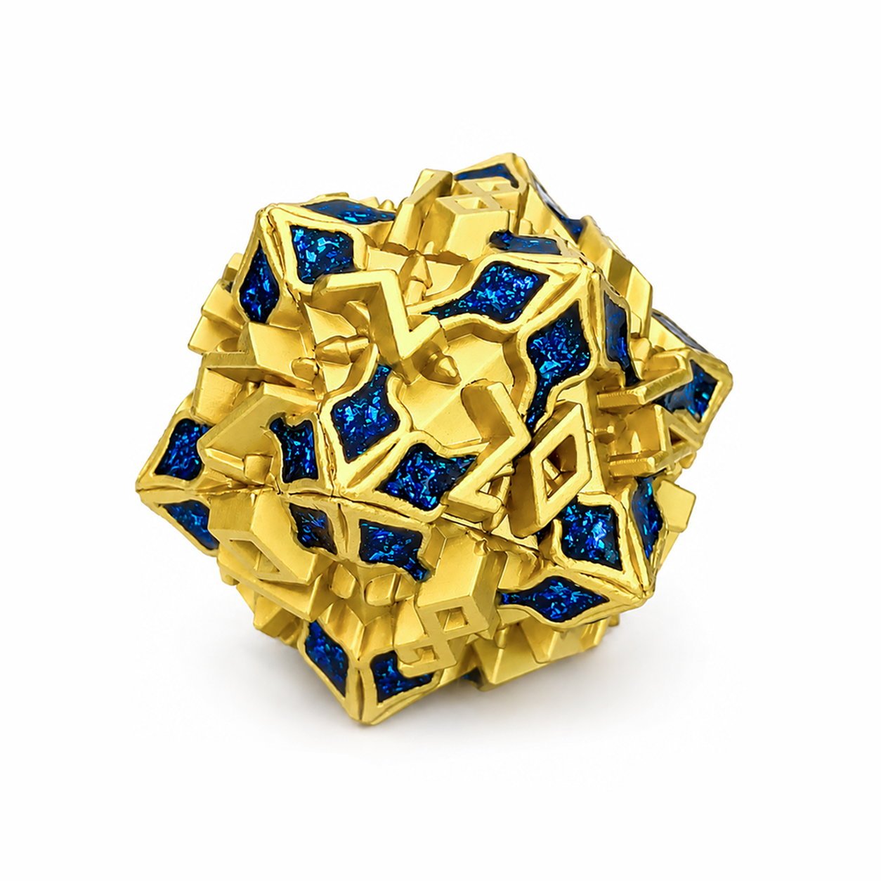 Golden Knight Series single D20 gold-toned metal DND die with blue glitter inlays on white background.