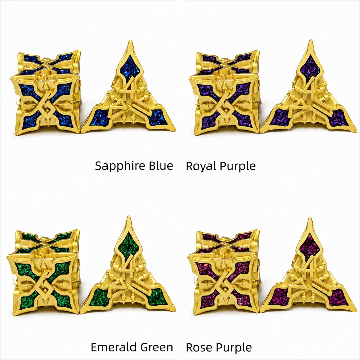 Golden Knight Series metal DND dice set showing Sapphire Blue, Royal Purple, Emerald Green, and Rose Purple variants.