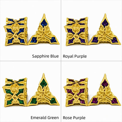 Golden Knight Series metal DND dice set showing Sapphire Blue, Royal Purple, Emerald Green, and Rose Purple variants.