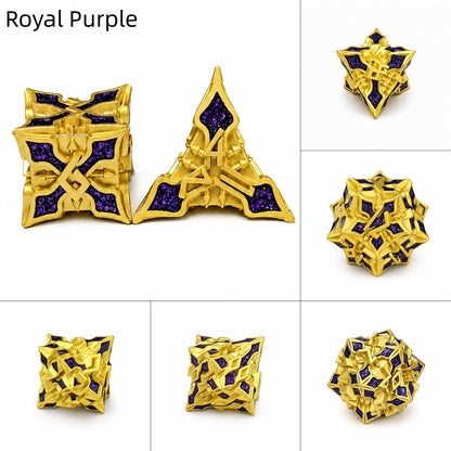Golden Knight Series Royal Purple 7-piece gold-toned metal DND dice set with purple glitter inlays on white background.