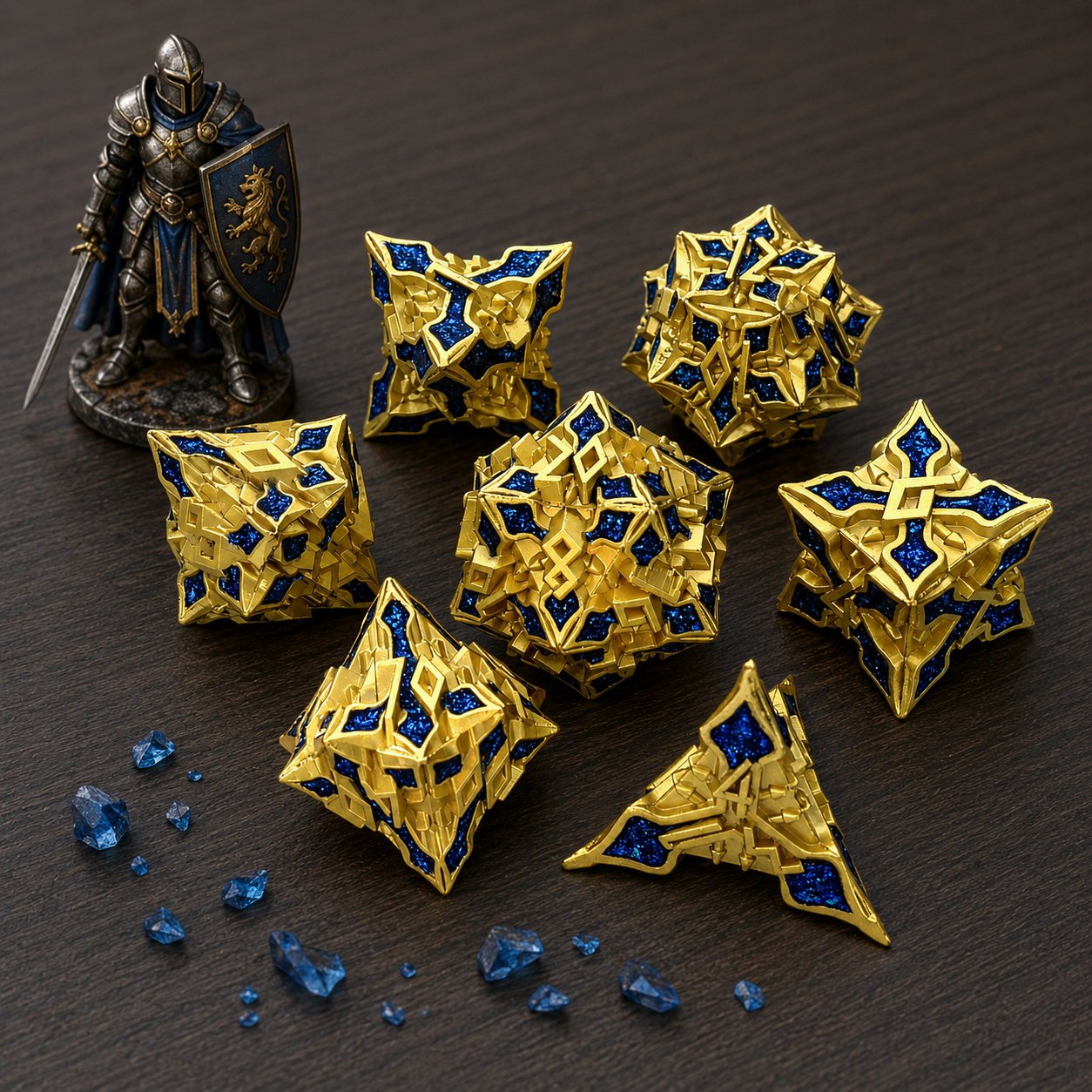 Golden Knight Series Sapphire Blue 7-piece metal DND dice set with a knight figurine and blue crystals.