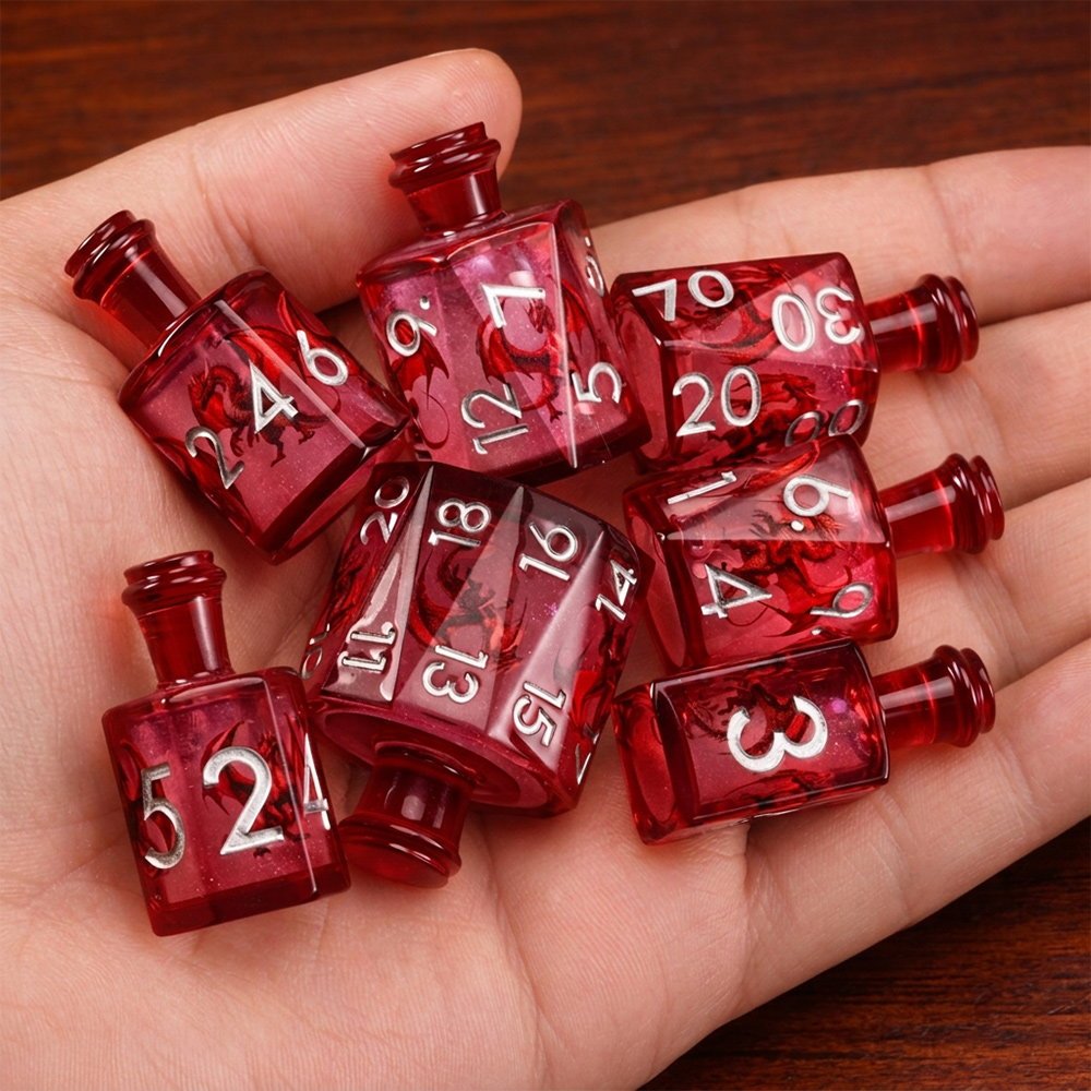 Infernal Dragon 7-piece red resin liquid core DND dice set with red dragon motifs held in hand.