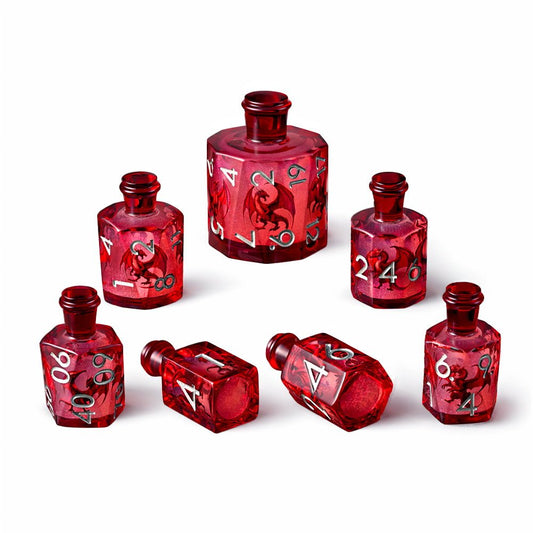 Infernal Dragon 7-piece red resin liquid core DND dice set with red dragon motifs on white background.