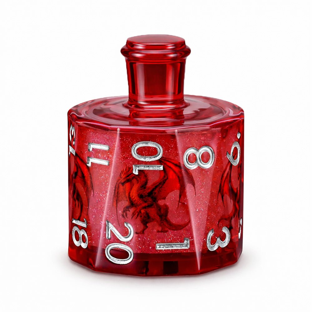Infernal Dragon single D20 red resin liquid core DND die with red dragon motifs on white background.