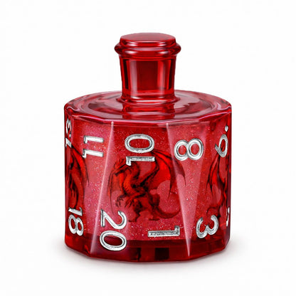 Infernal Dragon single D20 red resin liquid core DND die with red dragon motifs on white background.