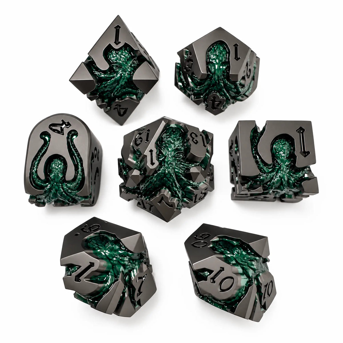 Kelpbound Kraken 7-piece gunmetal DND dice set with deep green kraken designs on a white background.