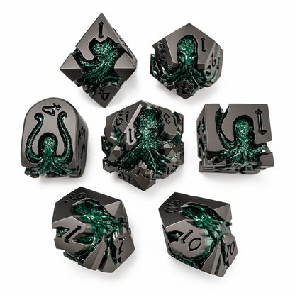Kelpbound Kraken 7-piece gunmetal DND dice set with deep green kraken designs on a white background.